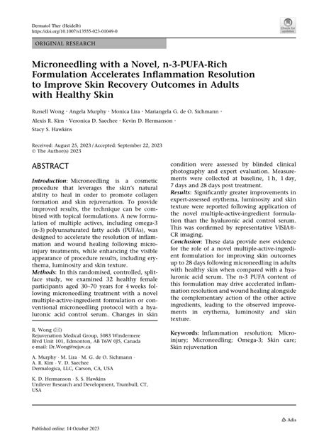 PDF Microneedling With A Novel N 3 PUFA Rich Formulation Accelerates