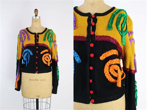 80s Colorful Cardigan Sweater Rainbow 80s Sweater Color Etsy