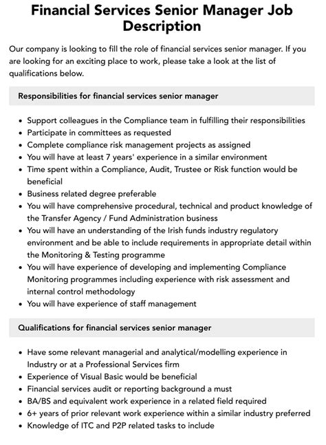 Financial Services Senior Manager Job Description Velvet Jobs