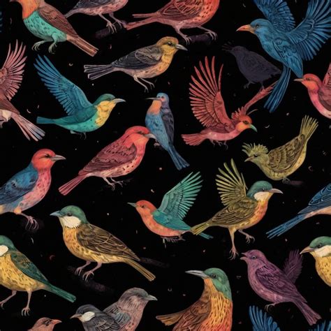 Colored Drawn Birds And Flowers On A Dark Background Vector Seamless