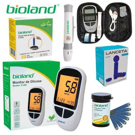 Kit Monitor Glicemia 50 Fitas Glicose Bioland 100 Agulhas Tiras