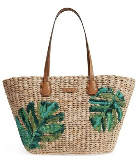 Michael Kors New Malibu Straw Woven Large Trapezoid Tote Palm Tree