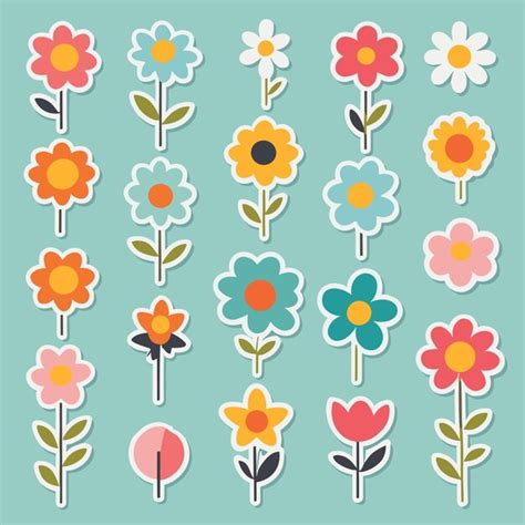 Colección de flores con pegatinas de flores lindas Vector Premium