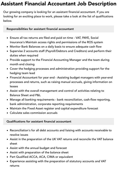 Assistant Financial Accountant Job Description Velvet Jobs