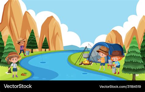 Scene with kids having fun river Royalty Free Vector Image