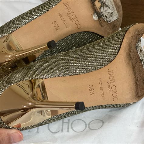 Jimmy Choo Gold Metallic Evelyn Sparkle Peep Toe Heels Gem