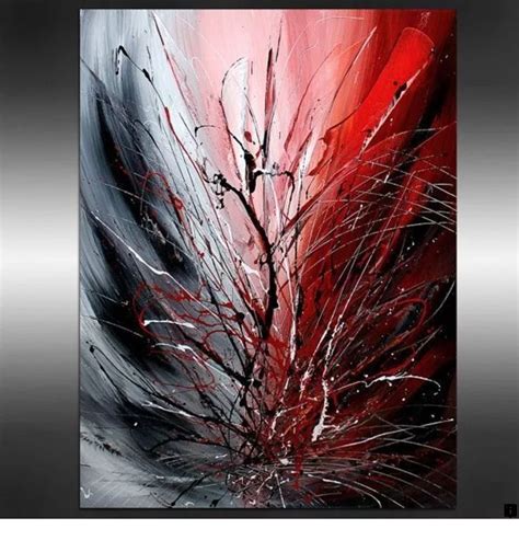 an abstract painting with red, white and black colors