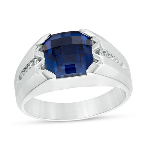 Men S Cushion Cut Lab Created Blue Sapphire And Ct T W Diamond