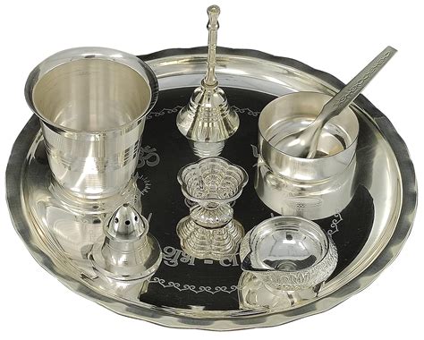 Bengalen Silver Plated Pooja Thali Set Inch With Plate Ghanti Bowl