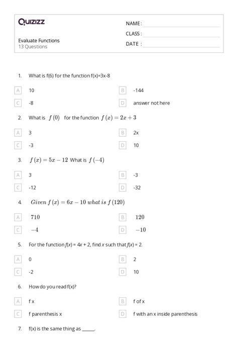 Functions Worksheets For Th Class On Quizizz Free Printable