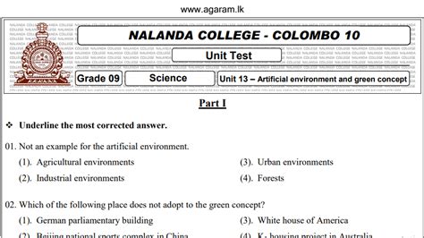 Science Nalanda College Unit Exam Paper 13 Grade 09