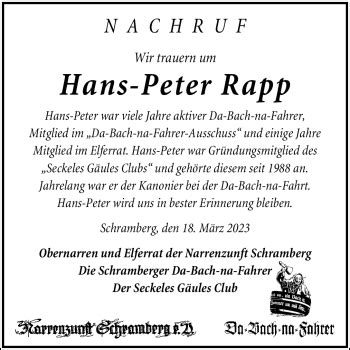 Traueranzeigen von Hans Peter Rapp Schwarzwälder Bote Trauer