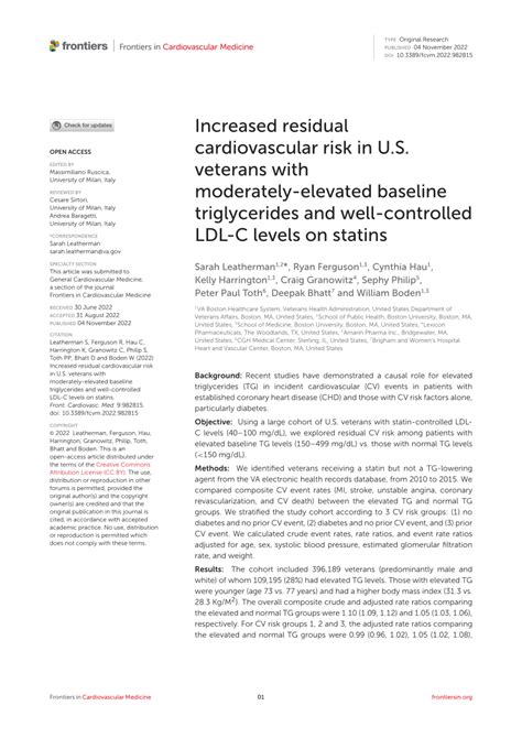 Pdf Increased Residual Cardiovascular Risk In U S Veterans With Moderately Elevated Baseline