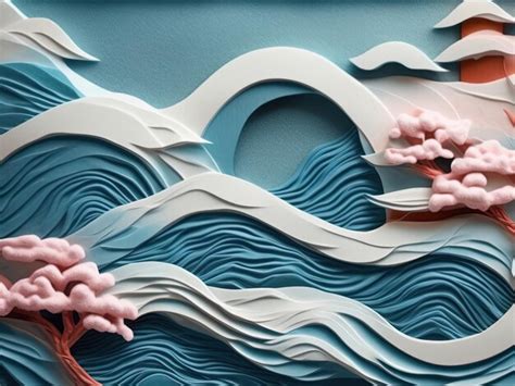 Premium AI Image | paper art background with waves and flowers