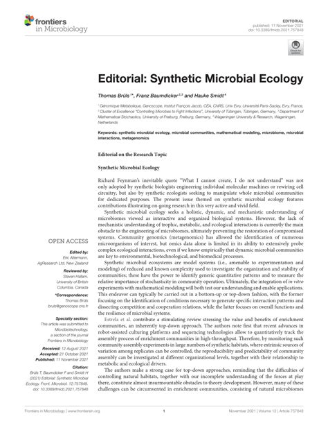 PDF Editorial Synthetic Microbial Ecology