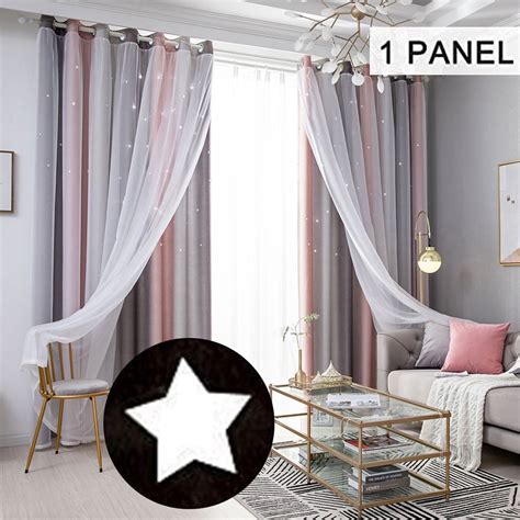 Eyelet Gradient 2 Layer Blackout Curtains + Mesh Starry Hollow-Out Stars Curtain Room Darkening ...