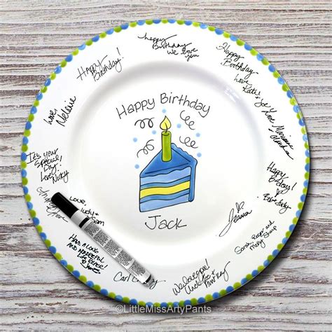 Hand Painted Signature Birthday Plate Blue Slice Of Cake Etsy