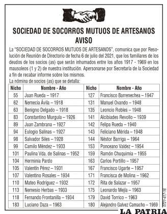 SOCIEDAD DE SOCORROS MUTUOS DE ARTESANOS Periódico La Patria Oruro