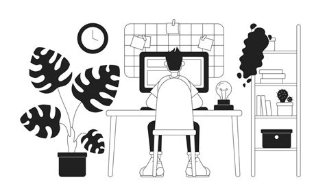 Cozy Home Office Setup With Freelancer 2d Vector Monochrome Isolated