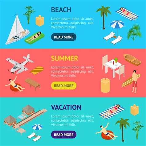 Premium Vector Beach Vacation Banner Horizontal Set 3d Isometric View