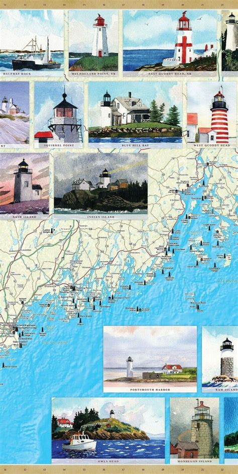 Maine Lighthouses Illustrated Wall Map Laminated No Glare 24x36 - Etsy