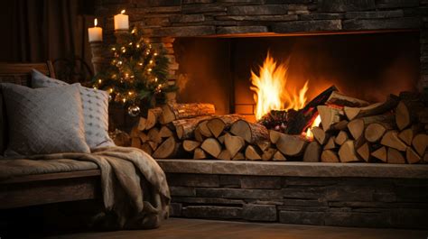 Cozy Fireplace Burning Logs Warm Colors And Holiday Decorations