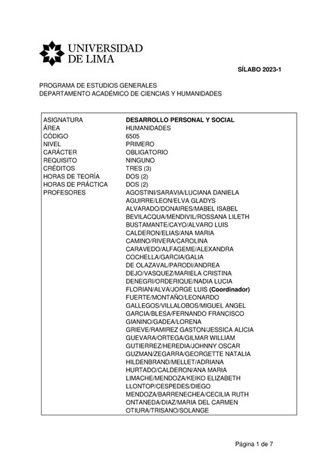 2023 1 Sil Desarrollo Personal Y Social SÍlabo 2023 Programa De