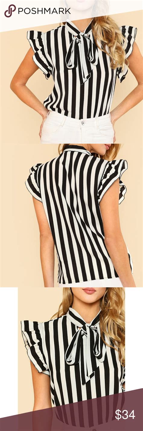 Tie Neck Flutter Sleeve Striped Blouse