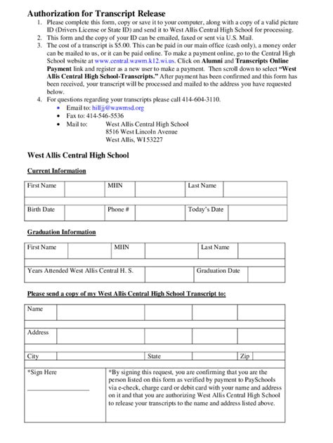 Fillable Online Central Wawm K12 Wi Authorization For Transcript