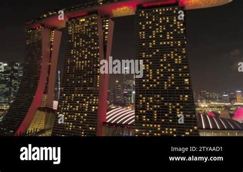 Night View Singapore Skyline Flying Over Marina Bay Sands Hotel Shot