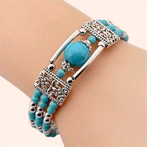 Beaded Bracelet Faux Turquoise Silver Tone Metal Feather Southwestern