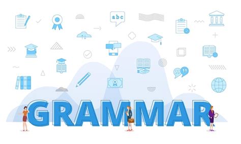 Concepto De Gramática Con Grandes Palabras Y Personas Rodeadas De ícono Relacionado Con Estilo