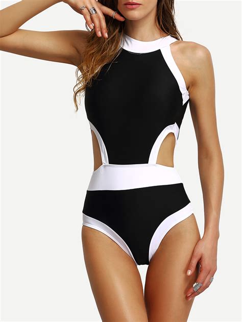 Contrast High Neck Cutout One Piece Swimwear Shein Sheinside