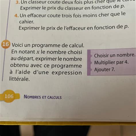 16 Voici un programme de calcul En notant x le nombre choisi au départ