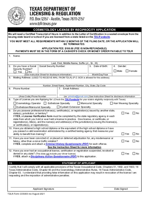 2021 2025 TX TDLR Form COS003 Fill Online Printable Fillable Blank