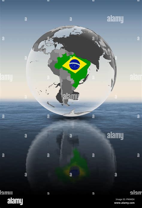 Brazil With Flag On Translucent Globe Above Water D Illustration