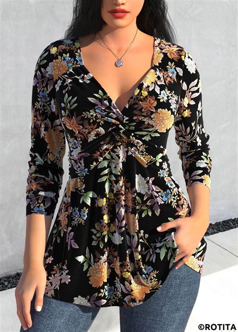 ROTITA Plus Size Velvet Black Floral Print T Shirt Rotita USD