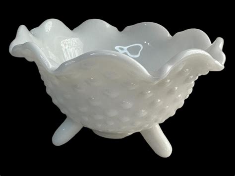 L E Smith Milk Glass 3 Toe Hobnail Bowl Etsy