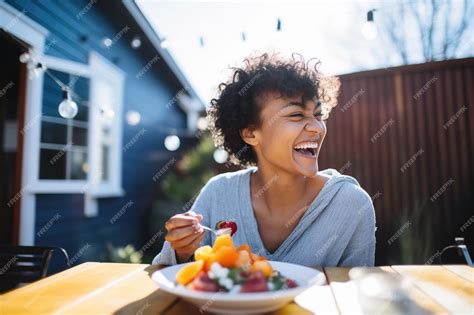 Premium Photo | Smiling person eating fruit salad on a sunny patio