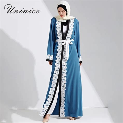 Muslim Maxi Dress Jilbab Lace Sashes Open Abaya Cardigan Long Robe