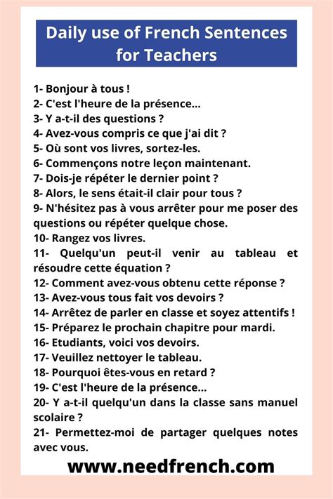 28 Daily use of French Sentences for Teachers - NeedFrench