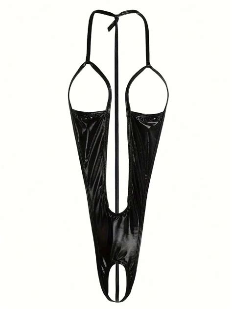 Sexy Lingerie Pu Leather Open Backless Bodysuit And Sequined Fringed