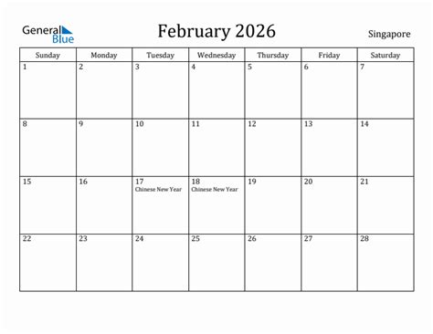 February 2026 Monthly Calendars with Singapore Holidays