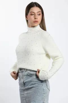 Yarım Balıkçı İncili Crop Top Triko Kazak Krem 1167533 tozlu