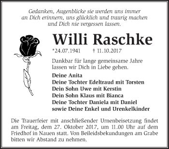 Traueranzeigen Von Willi Raschke M Rkische Onlinezeitung Trauerportal