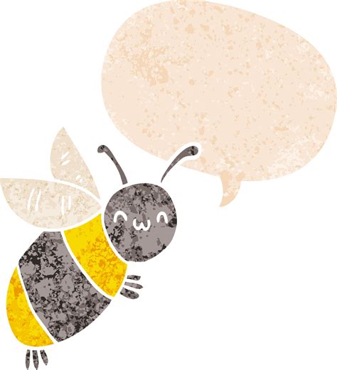 Cute Cartoon Bee And Speech Bubble In Retro Textured Style