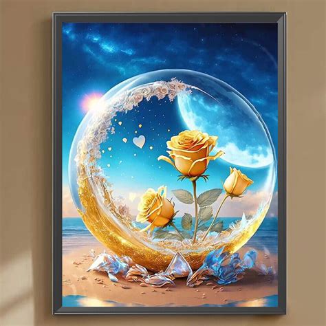 D Diy Full Round Drill Diamond Painting Yellow Rose Under The Moon