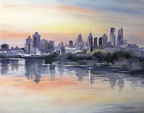 Philly Skyline Watercolor View From Graffiti Pier. Matted Watercolor ...