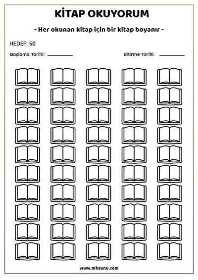 Boyamalı Kitap Okuma Takip Listesi 50 Kitaplık Mbsunu