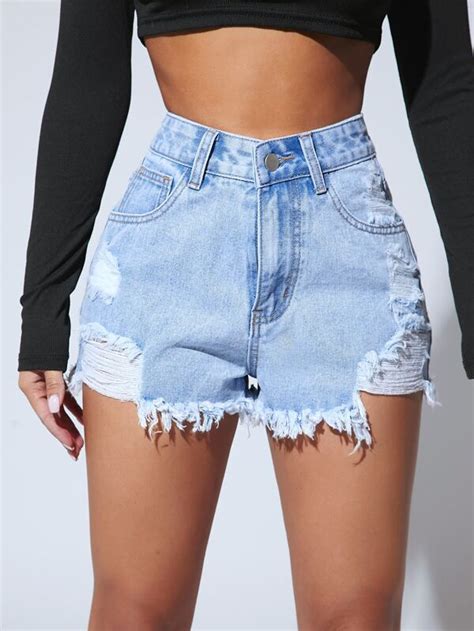 SHEIN PETITE Ripped Raw Hem Denim Shorts SHEIN USA